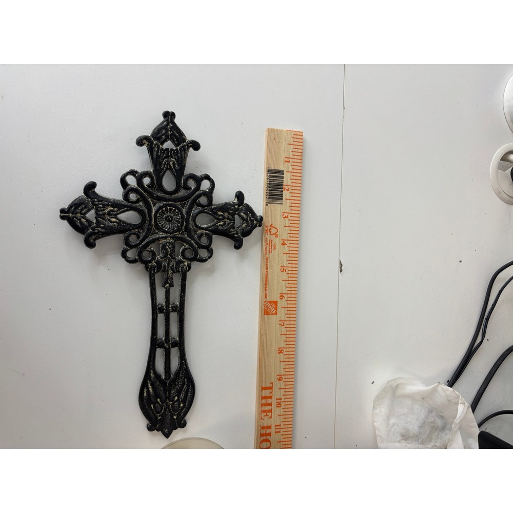 Vintage Cast Iron Wall Cross Gothic Ornate Scrollwork Distressed Black Gold 11.5